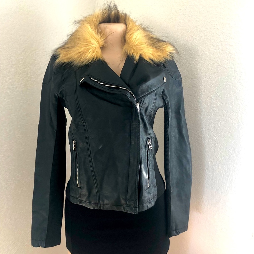 Faux Fur Black Leather Biker Jacket